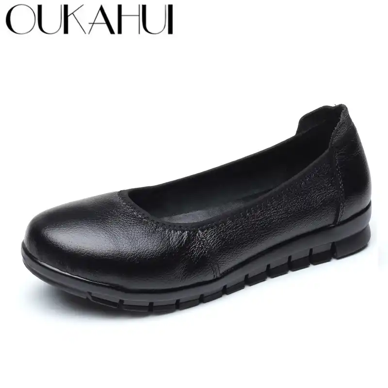 womens black leather flat work shoes