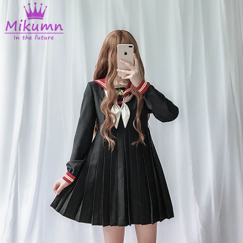 

Harajuku Sailor Collar Navy Dress Japanese Fashion Sweet Bow High Waist Pleated Girl Kawaii Preppy Style Long Sleeve Dresses