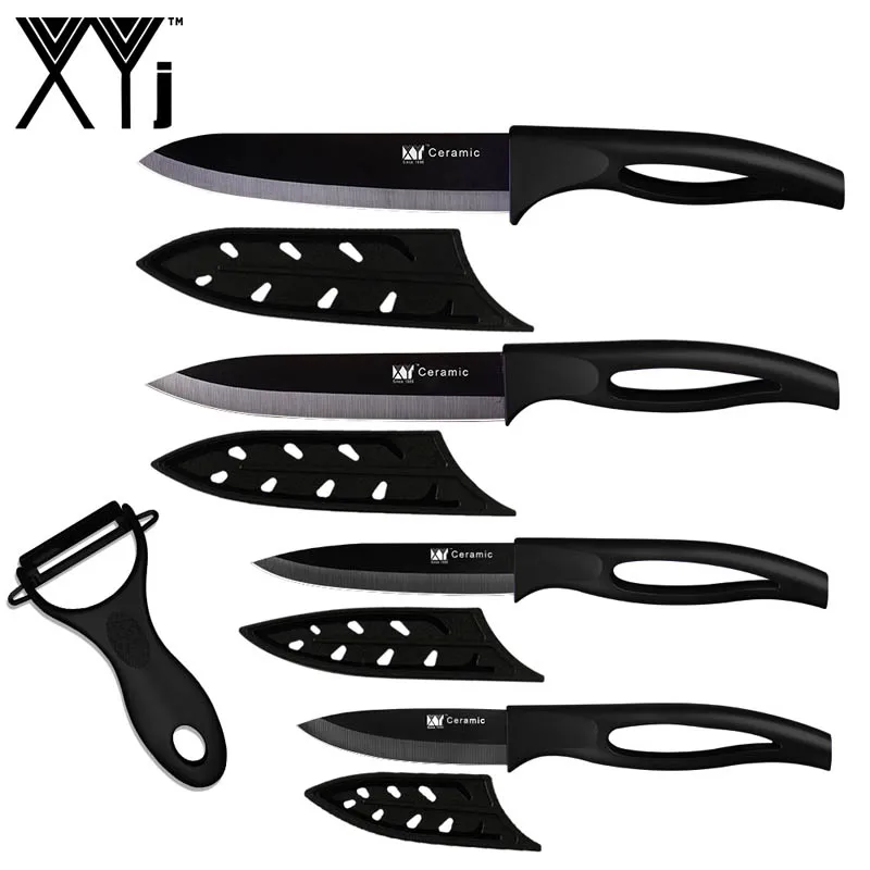 XYj 5 шт. набор керамических кухонных ножей с бесплатными крышками, керамический нож для очистки овощей, кухонные инструменты, аксессуары - Цвет: Black H Black B