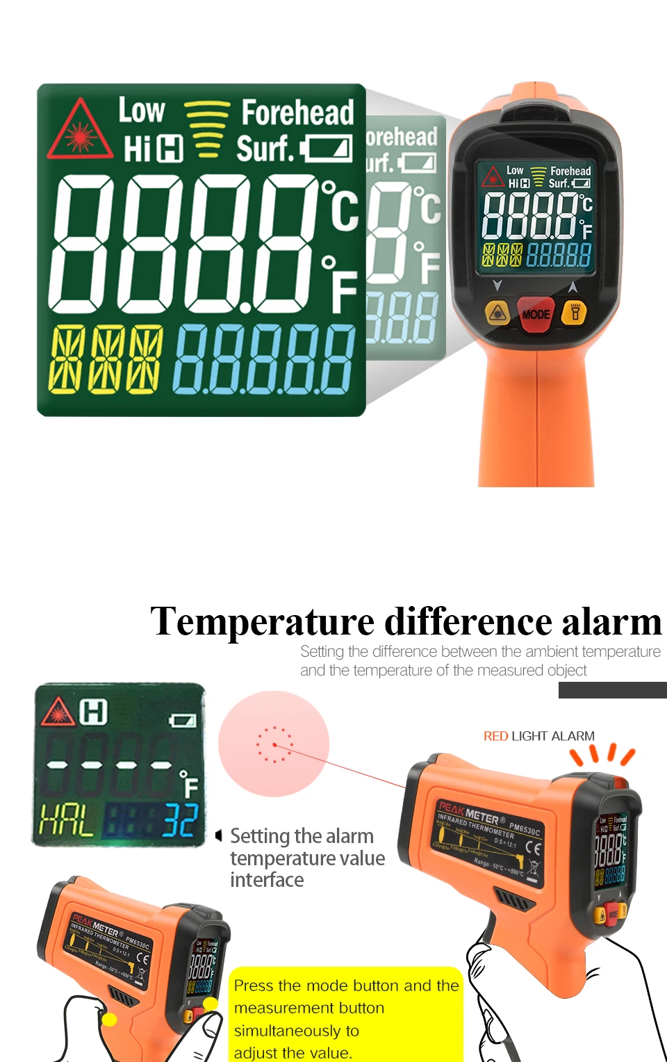 PEAKMETER PM6530B+/C/D ЖК-дисплей лазерный инфракрасный термометр-50~ 800 с влажностью и точкой росы IRT K-type окружающий УФ-светильник