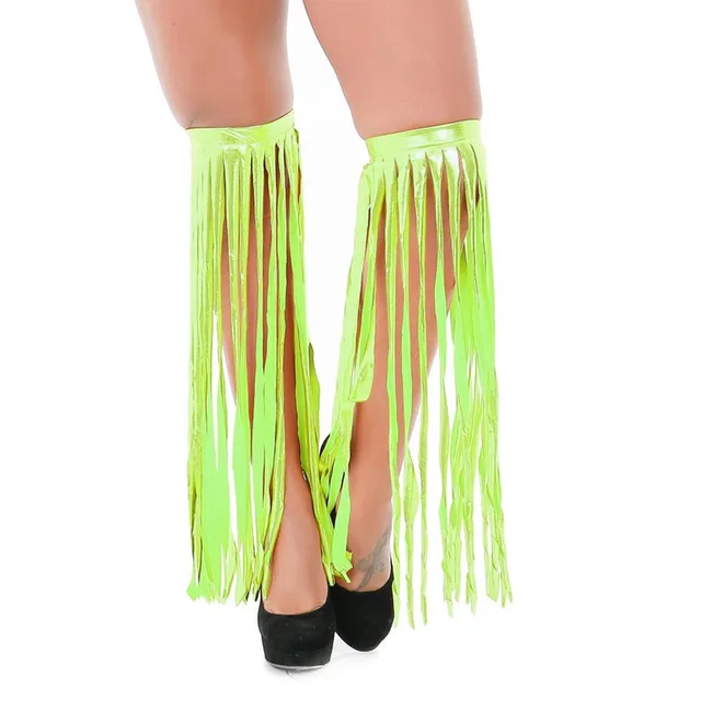 Sexy Women Metallic Shiny Body Tassel Leg Warmer Bands Elastic Ribbed Top Rave Stripper Dance