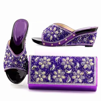 

Top sale purple women pumps with big crystal and rhinestone for dress african shoes match handbag set K052