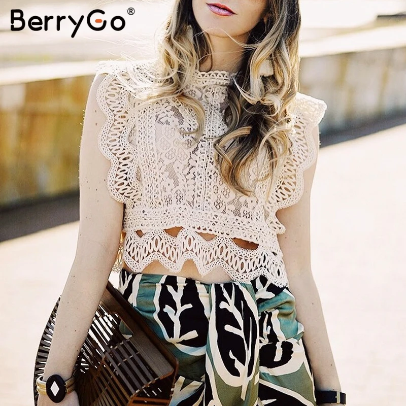 

BerryGo Elegant lace blouse mesh embroidery women tank tops Hollow out summer cami tops Sexy ruffled streetwear female tops 2019