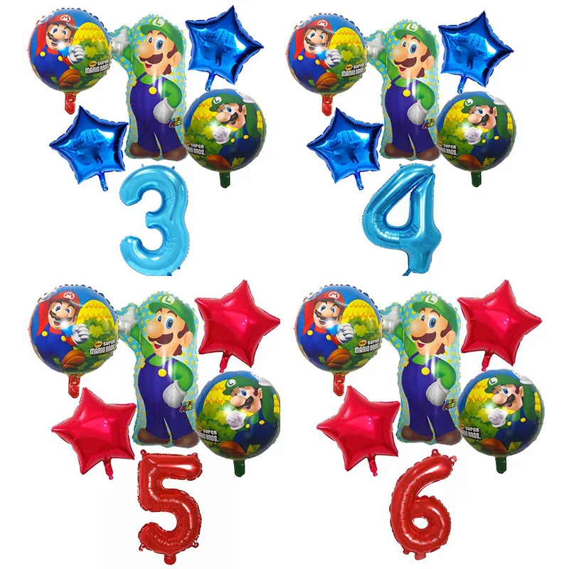 

6pcs Super Mario Balloons 30 inch Number foil Balloons Boy Girl Birthday Party Mario Luigi Bros Mylar Blue Red Balloon Set Decor