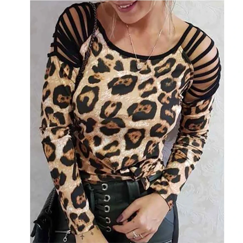 

Leopard Print Tassels Sleeve T-shirt Lady Cut Out Long Sleeve tshirt Women Casual O Neck Summer Tops Women Clothes 2019