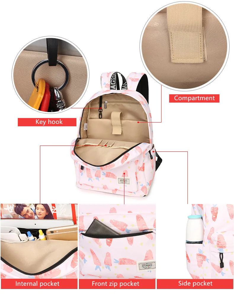 Водонепроницаемый розовый рюкзак с принтом морковки, женский рюкзак с воздушной подушкой на лямках, повседневный корейский рюкзак для ноутбука, школьная сумка для девочек
