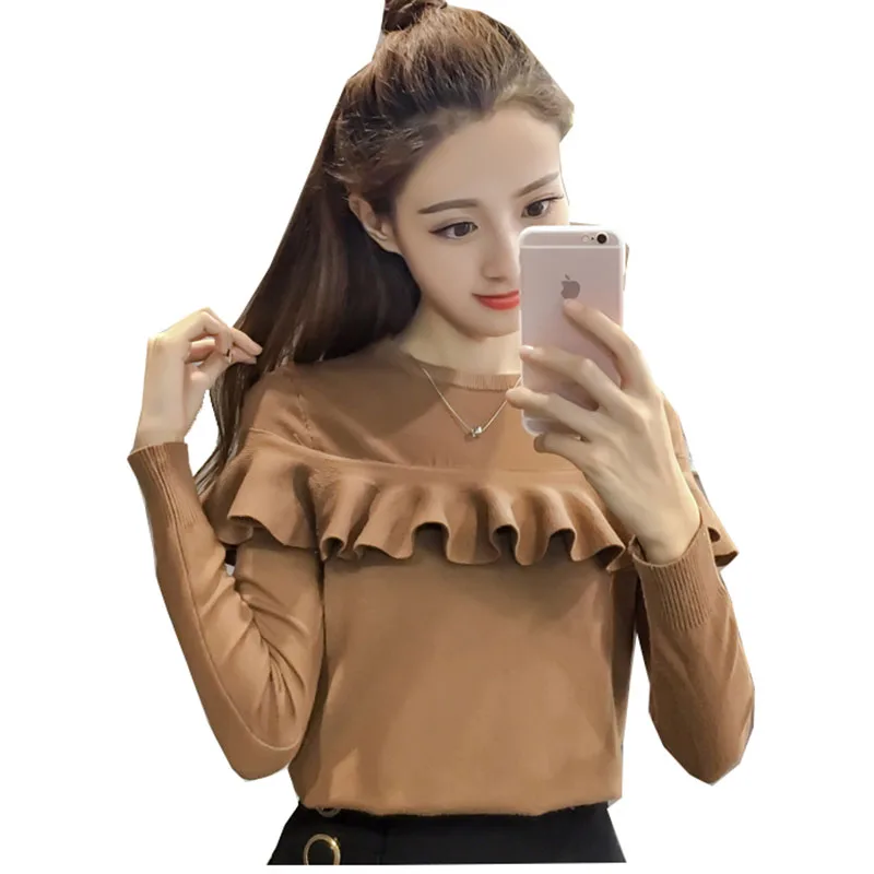 2017 New Outono Inverno Mulheres Coreano Malha Ruffles Tops Blusas Camisas Artigo Camisas Blusas Mujer Branco Marrom Preto 43