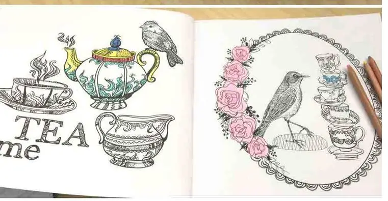 Приятный послеобеденный чай раскраска для детей и взрослых снимает стресс Тайный сад граффити живопись Рисование раскраска libros