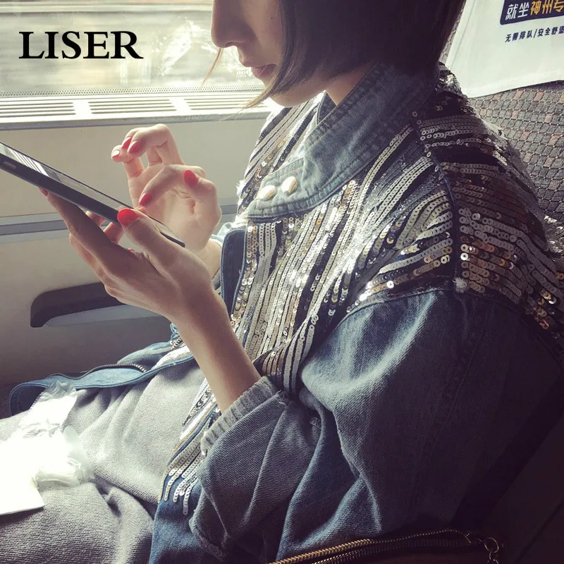 

LISER 2019 Spring Denim Jacket for Women Jeans Jacket Casual Sequins Style Coats and Jackets Women