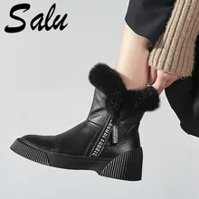 Salu/Новинка; женские ботильоны из высококачественной коровьей кожи; осенне-зимние теплые ботинки на платформе и каблуке; женская обувь черного цвета
