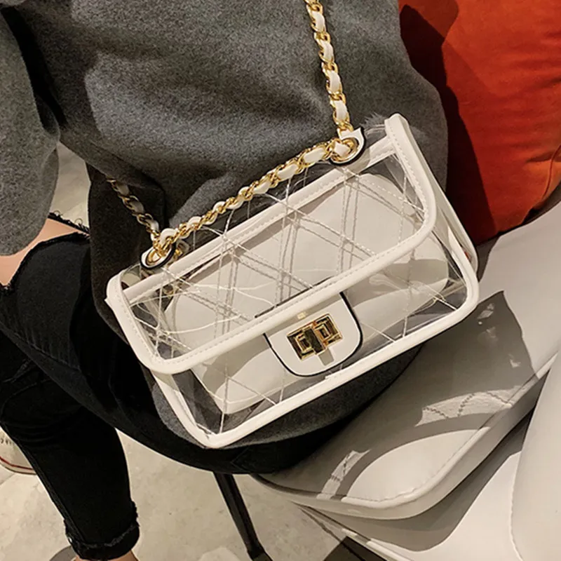 

Clear Transparent Diamond Lattice Chain Shoulder Messenger Bags Women Purse and Handbags
