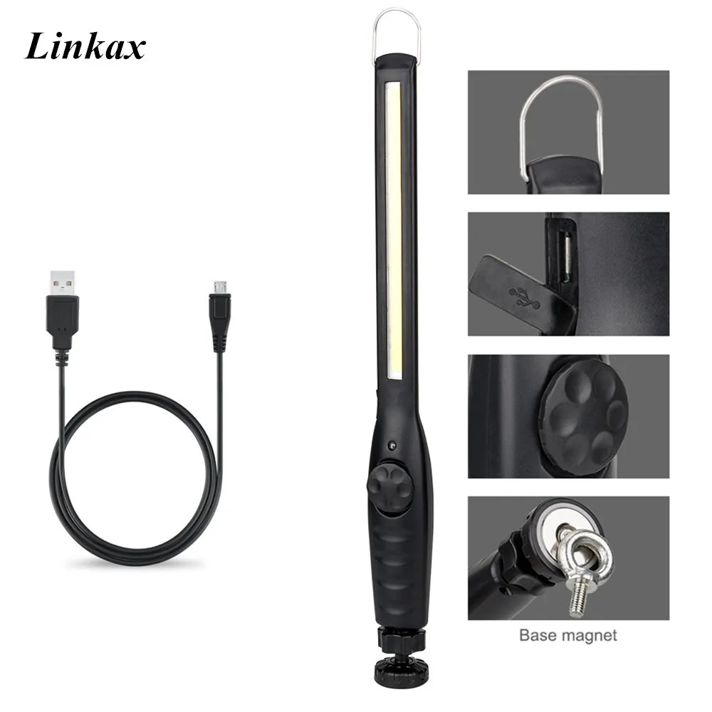 

2018 Portable COB Work Light With Magnet Stand Hook USB Rechargeable Camping Torch Flashlight Lanterna Built in Battery
