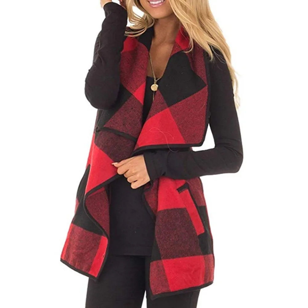 Autumn Womens Vest Plaid Sleeveless Lapel Open Front Cardigan Sherpa Jacket Pockets Coat