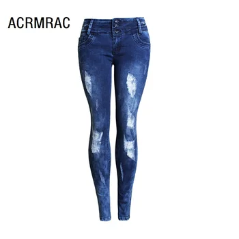 

Woman jeans Slim spring Autumn jeans Mid waist elastic force Hole Pencil pants Skinny jeans Woman AM052