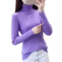 Женский свитер с высоким воротом Пуловер Осень Зима Новый однотонный тонкий высокоэластичный вязаный пуловер свитер с длинными рукавами