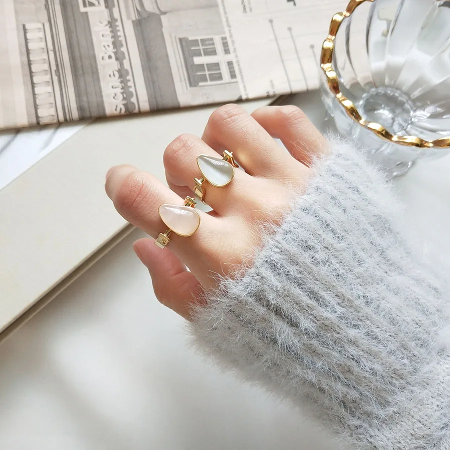 

Free Shipping Delicate Gold Color Irregular Pink Rose Quartz Jewelry Teardrop White Cat Eye Natural Stone Rings 925 Jewelry