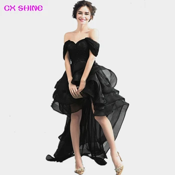 

CX SHINE Black high low train Lace beading Long Evening Dresses Bride pearl formal Banquet Robe De Soiree Party Prom Dress