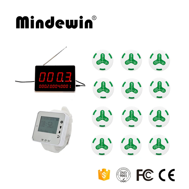 

Mindewin Wireless Calling System Table Buzzer System,Call Bell Wireless,12 pcs Table Bells + 1 pc Display Receiver+1 Watch Pager
