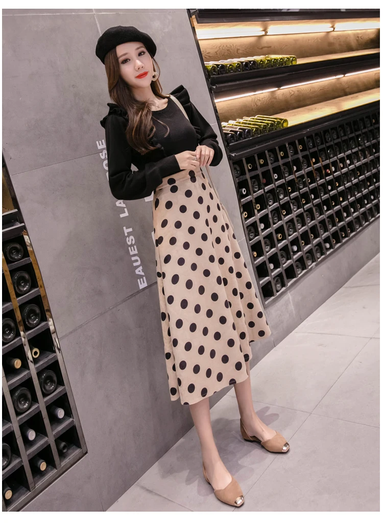 Новая Осенняя юбка в горошек с принтом женские длинные плюшевые трапециевидные юбки в Корейском стиле женские черные юбки больших