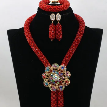 

Latest Red African Wedding Bib Statement Necklace Set Nigerian Bridemaid Engagement Beads Costume Jewelry Set Free Ship QW283