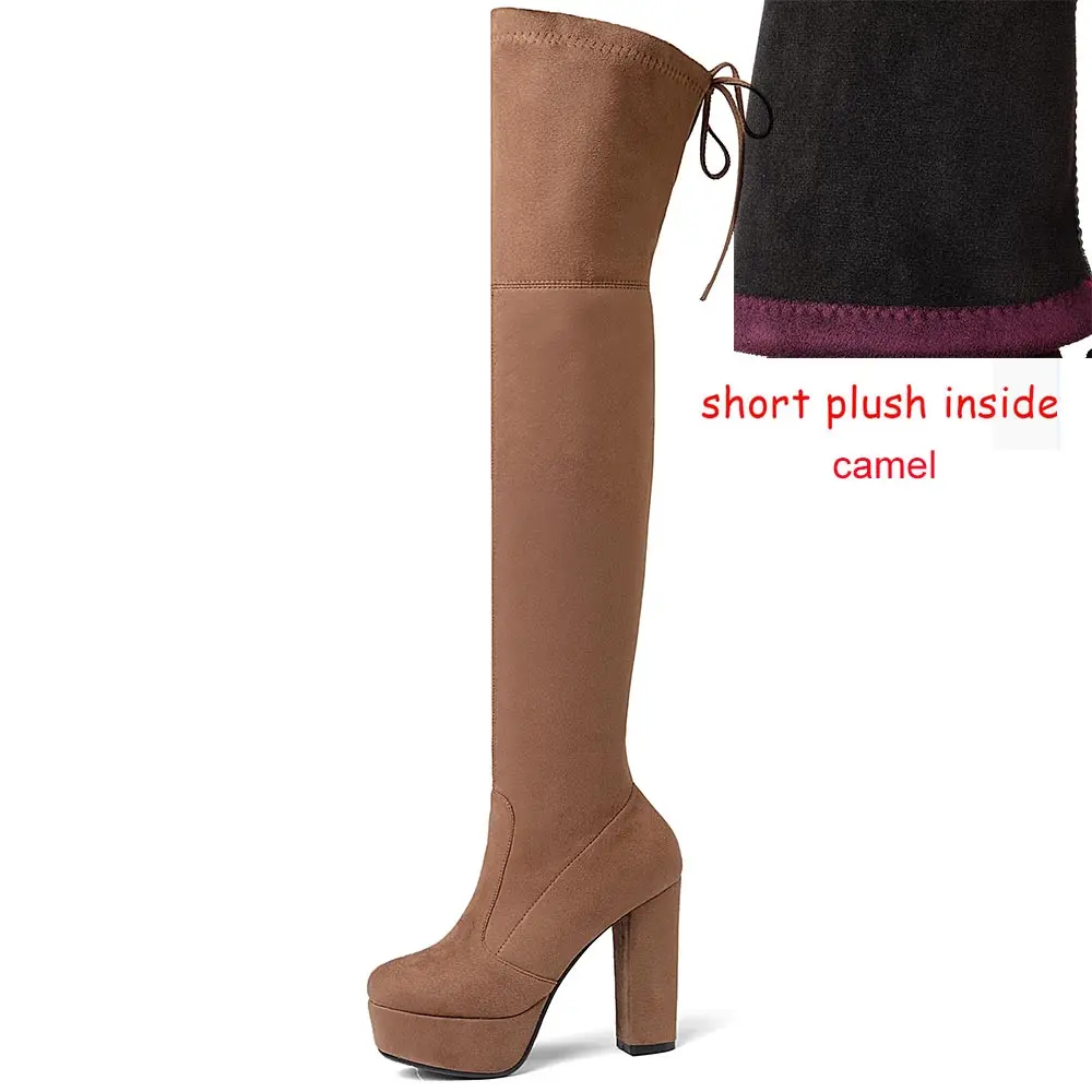 Размеры 34–43 Ботфорты женские ботфорты до бедра из искусственной замши на платформе стрейчевая тонкая стильная женская обувь женские зимние ботинки - Цвет: short plush camel