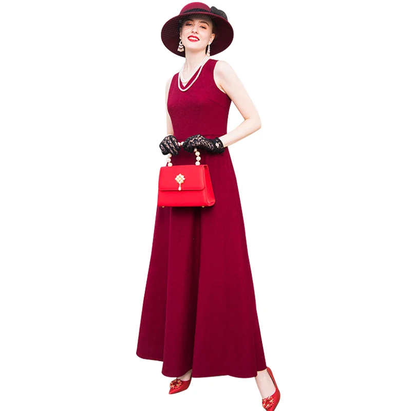 2018 Autumn Luxury Evening Maxi Wool Dress Sleeveless V