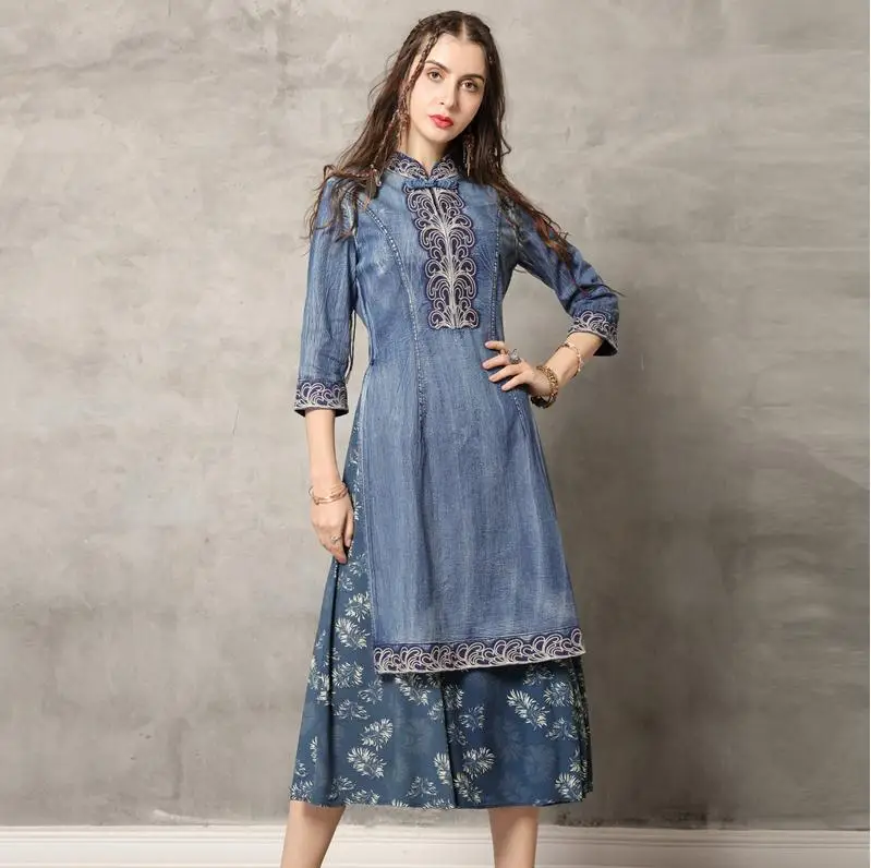 

2019 New Boho Dress Womens Half Sleeve Flower Embroidery Dress Female Sexy Denim Maxi Dress Slim Fit Vestidos De Festa J2953