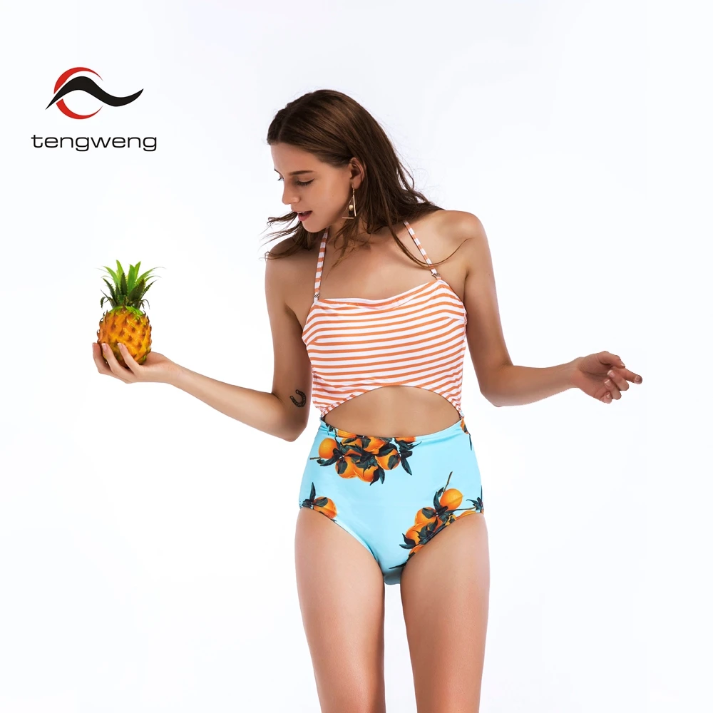 Tengweng 2019 New Sexy Blue Striped Print Women Swimsuit High Waist One piece Swimwear Plus size push up Female Bathing suit