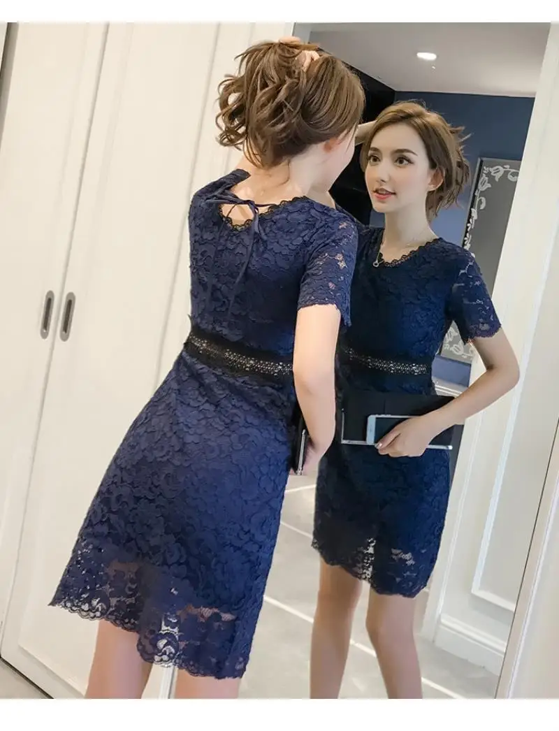 2018 New Red Blue Spring Summer Lace Women dress Short Sleeve Slim Collect Waist In Long Dresses S-XL