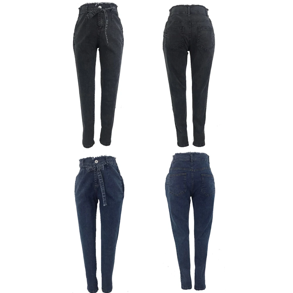 High Waist Jeans For Women Slim Stretch Denim Jean Bodycon Tassel Belt Bandage Skinny Push Up Jeans Woman