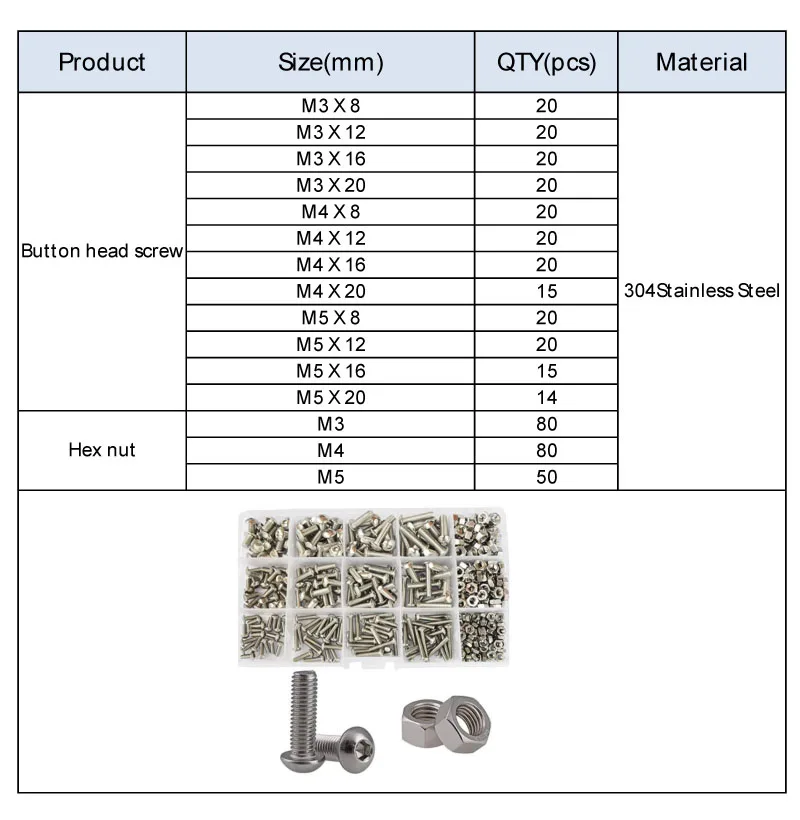 Шестигранный кнопочный разъем с головкой, винтовая гайка с шестигранной метрической резьбой, набор ассортимента болтов, набор из нержавеющей стали 304 M3 M4 M5