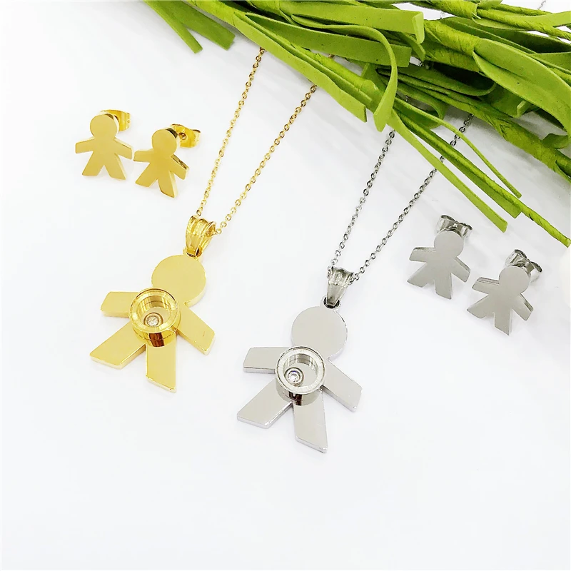 

Stainless Steel Necklace Mama Family Necklaces Earings Jewelry Sets Silver Color Love Boy Pendant Choker Necklace Women Gifts