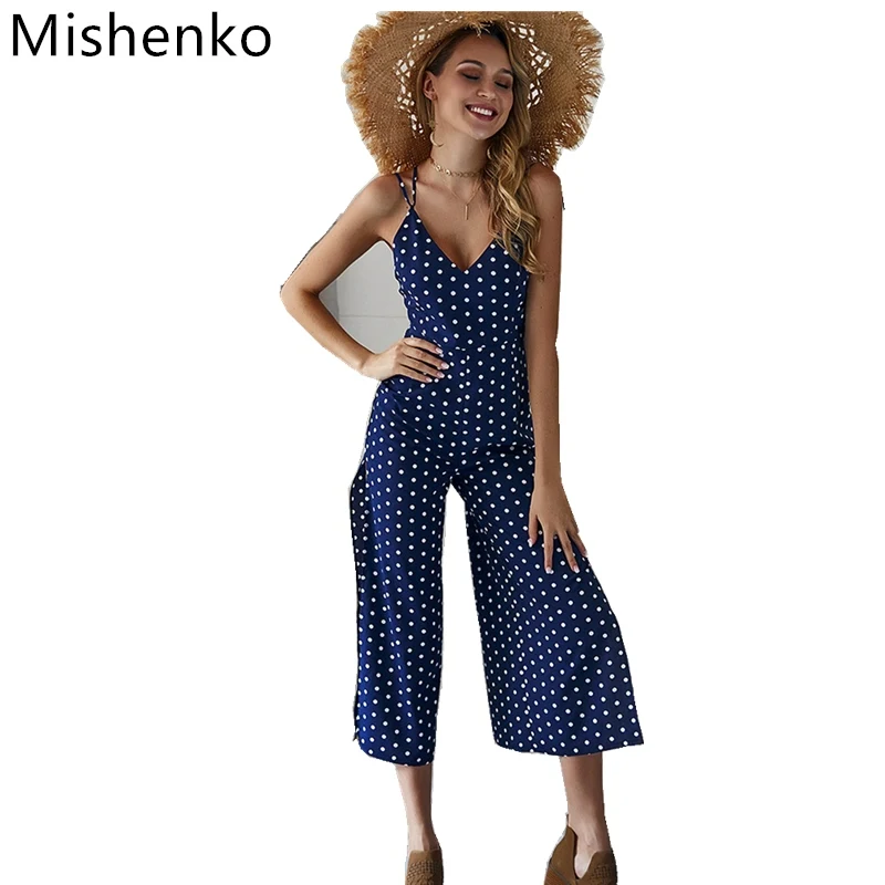 

Mishenko Summer 2019 Rompers Womens Jumpsuit Backless Sleeveless Jumpsuits Strap Wide Leg Jumpsuits Sexy Dot Rompers Overalls
