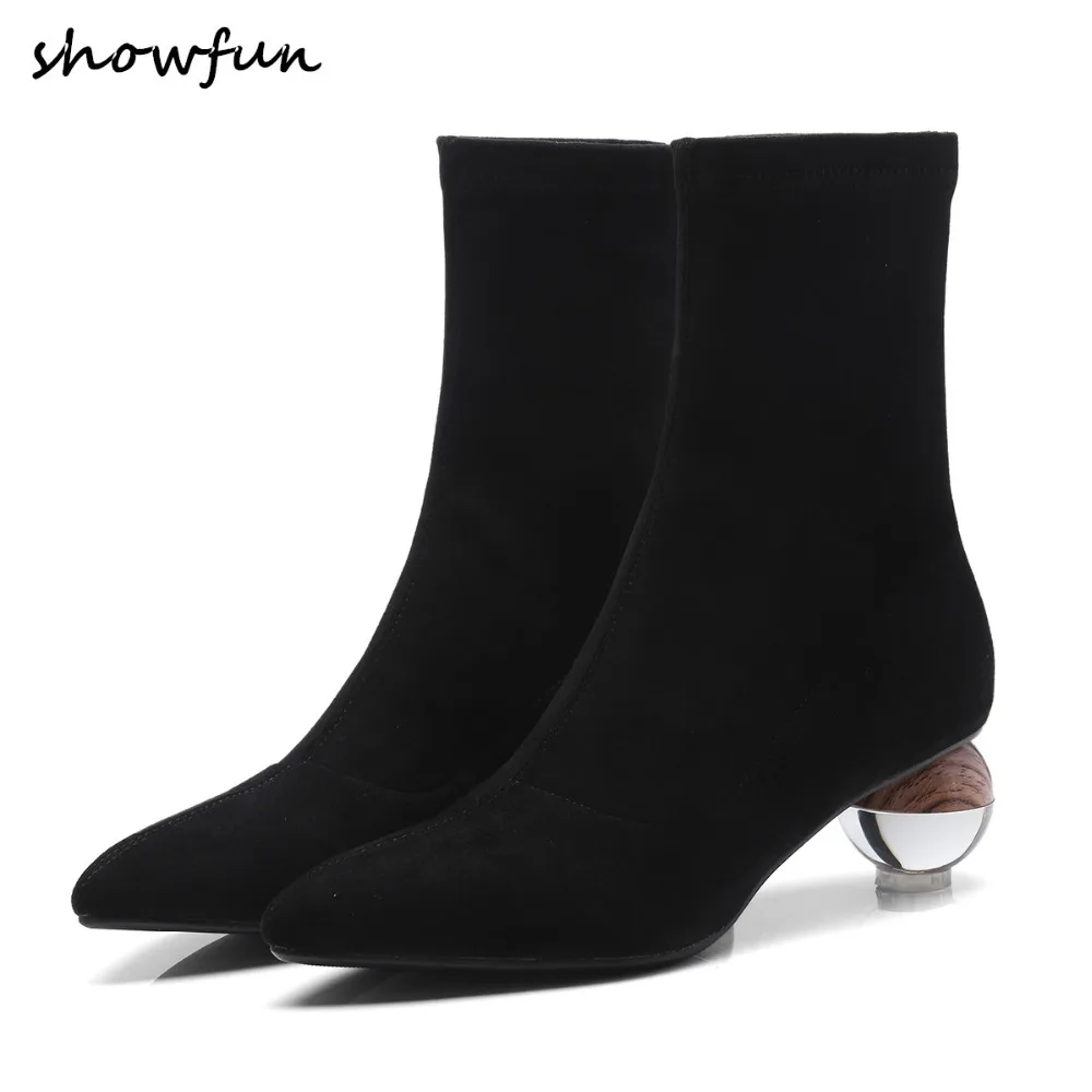 

Women's Genuine Suede Leather Ball Heel Autumn Ankle Boots Brand Designer Black Slim Stretch Slip-on Short Booties Shoes Women