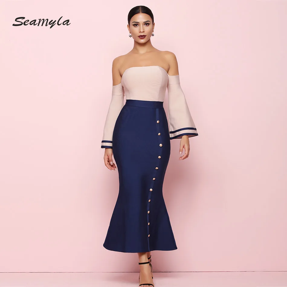 

Seamyla 2019 Mermiad Bodycon Bandage Dresses Women Elegant New Flare Sleeve Sexy Summer Celebrity Evening Party Dress Vestidos