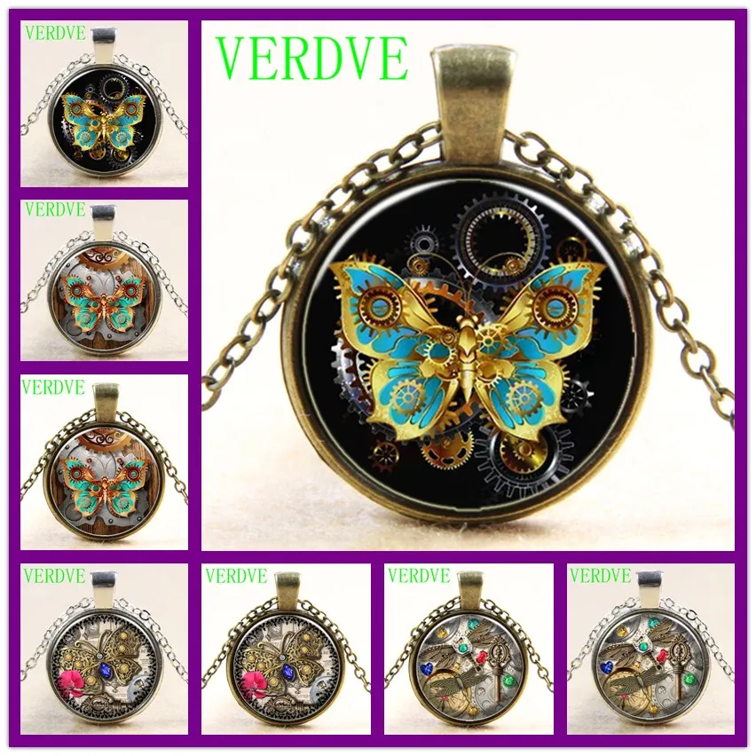 

VERDVE Glass Photo Cabochon Necklace Steampunk Clock Necklace Glass Dome Pendant Handcrafted Jewelry Butterfly Pattern