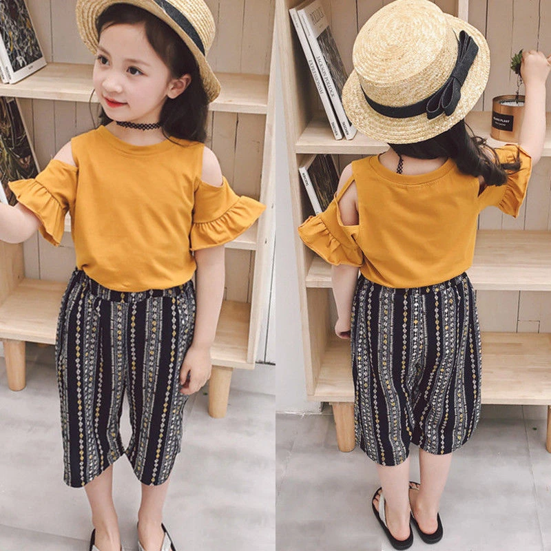 

Short Sleeve New Fashion Lovely Girls Summer Clothes Sets Off Shoulder Tops T-shirt + Pleated Wide Leg Pants Outfits Sets
