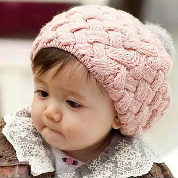 

Autumn Winter Knitted Baby Hat Furry Ball Hat For Girl Beret Children's Cap Soft Kids Hats Fashion Girls Hat