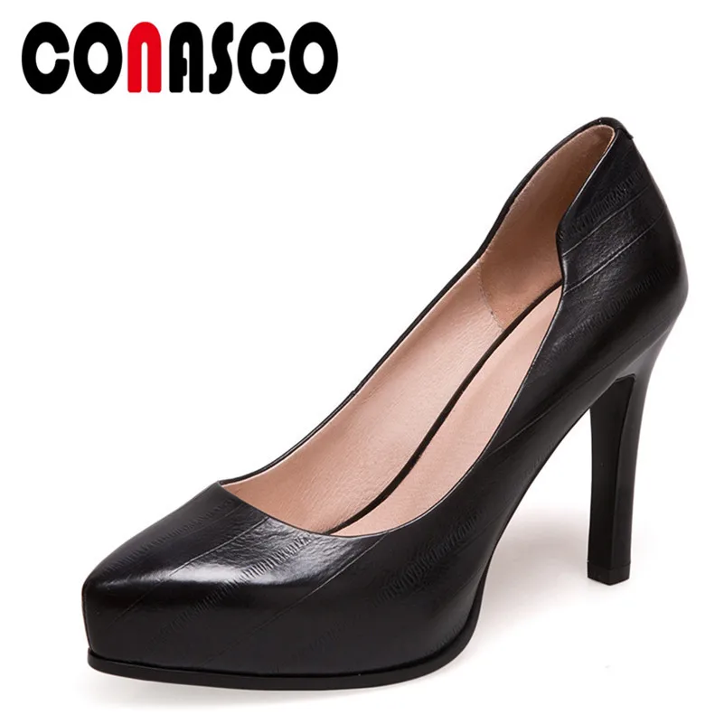 CONASCO 2021 Fashion Women Classic Pumps Genuine Leather High Heels Shoes Woman Party Wedding Shallow Toe Brand Platforms | Обувь