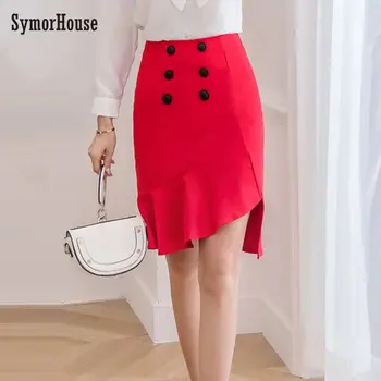 

SymorHouse S-5XL New irregular Skirts women 2019 plus size high elastic waist button saias femininas slim pencil skirt female
