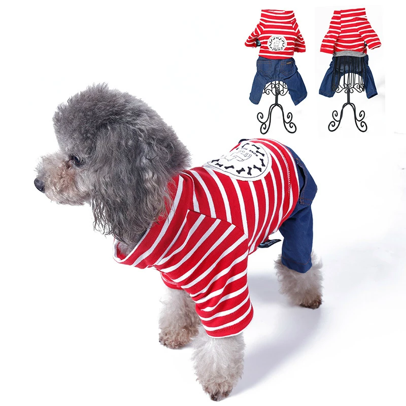 Pet Dog Clothes Autumn Winter Jean Striped Dog Jumpsuits For Small Dogs