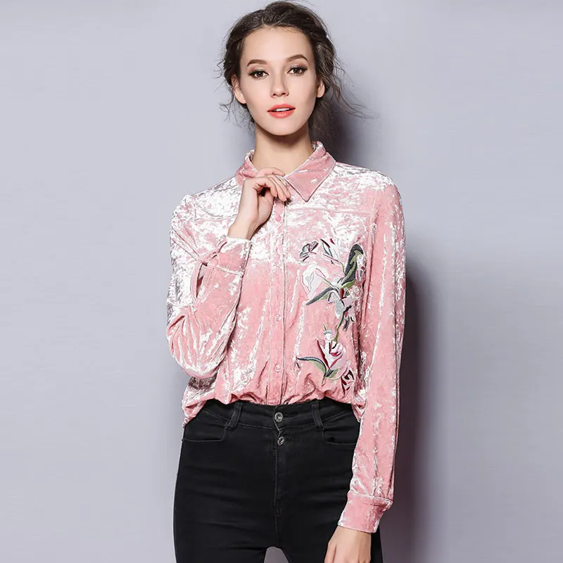Willstage бархатная женская рубашка с длинным рукавом с цветочным принтом и вышивкой, Офисная Женская Офисная рубашка OL, рабочая одежда, новинка, Осенние Топы - Цвет: Розовый