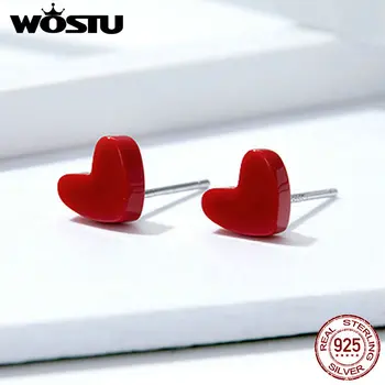 

WOSTU Delicate Exquisite Love-Shape Stud Earrings 925 Sterling Silver Red Heart Small Earrings For Women Lovely Jewelry FIE595