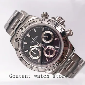 

39mm PARNIS black dial sapphire glass soild full Chronograph quartz mens watch