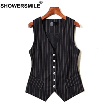 SHOWERSMILE Short Vests For Women Black Stripe Sleeveless Jackets Ladies OL Slim Fit Waistcoat Female Autumn Formal Suit Vest