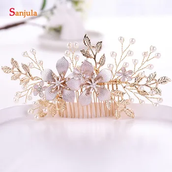 

2019 Delicate Bridal Hair Combs Gold Leaves Flowers Wedding Headpieces With Pearls T103