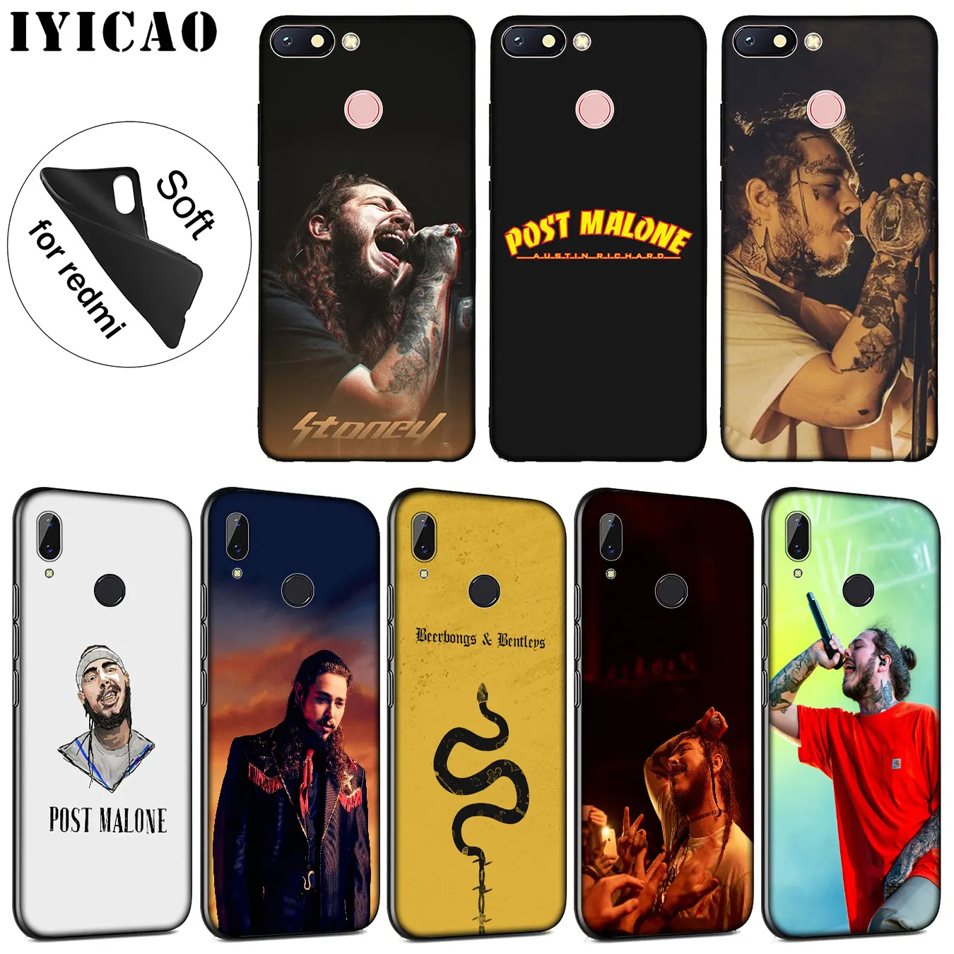 

IYICAO Post Malone Soft Silicone Phone Case for Xiaomi Redmi K20 7A 6A 5A S2 4X 4A GO Note 8 7 5 Plus 6 Pro Black TPU Cover