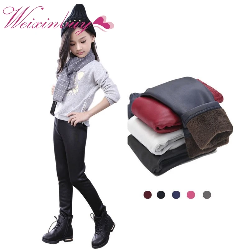 

New Winter Girls PU Leather Pants Kids Slim Plus Velvet Long Pants Leggings Child All-match Thick Leggings