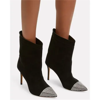 

EMMA KING Botines Mujer 2018 Pointed Toe Metal Crystal Studded Ankle Boots Women Slip On High Heels Black Booties Plus Size 43