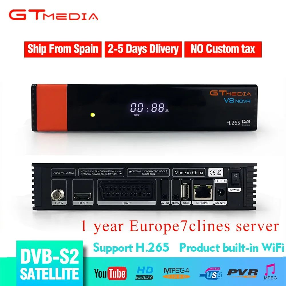 

GTMEDIA Freesat V8 Nova DVB S2 New Version Satellite TV Receiver H.265 HD 1080p Built-in WIFI + Free 1 Year Europe 7 Lines CCCAM